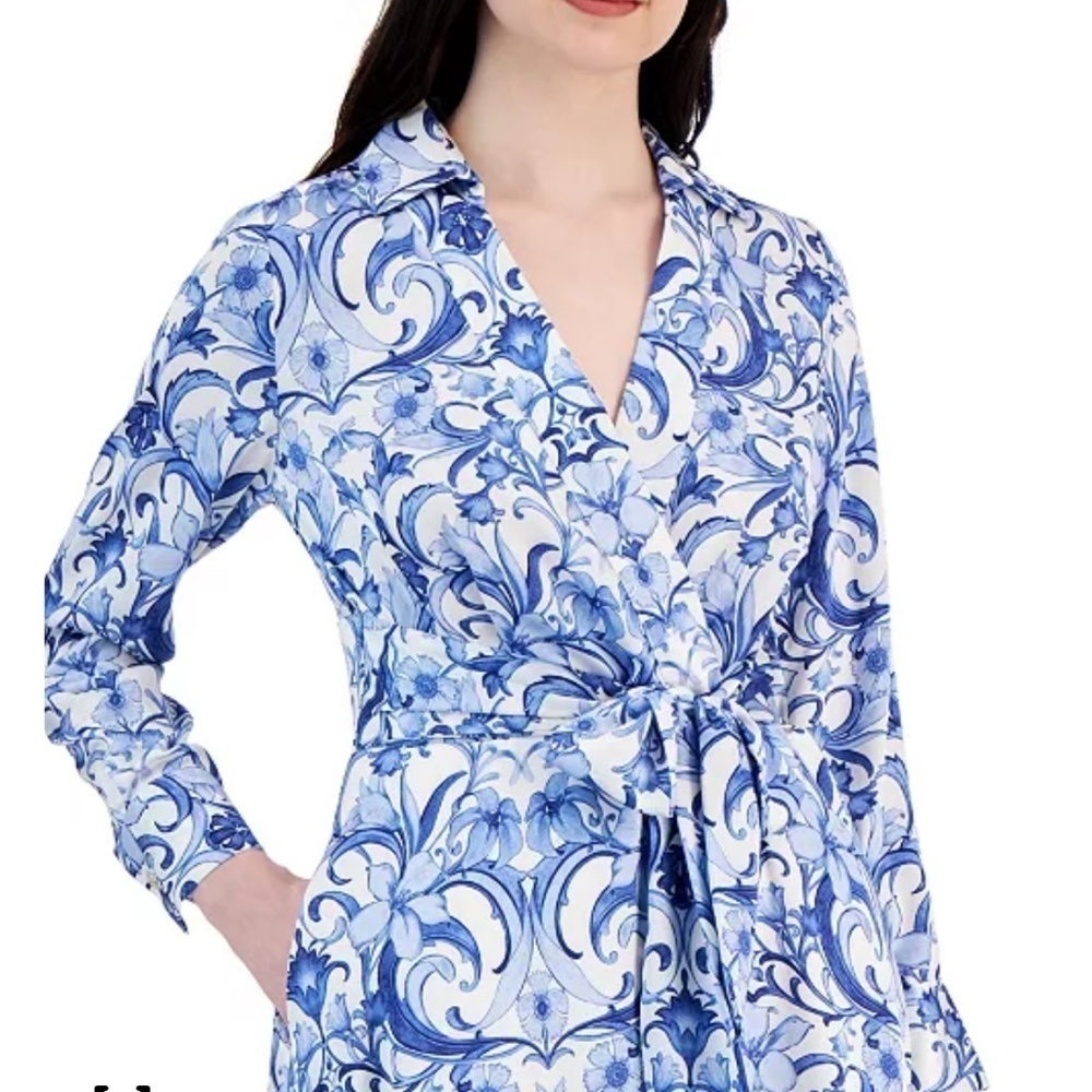 NWT Tahari Petite Hammered Satin Shirt Dress Faux Wrap Styling Long Sleeve Midi - Picture 6 of 16